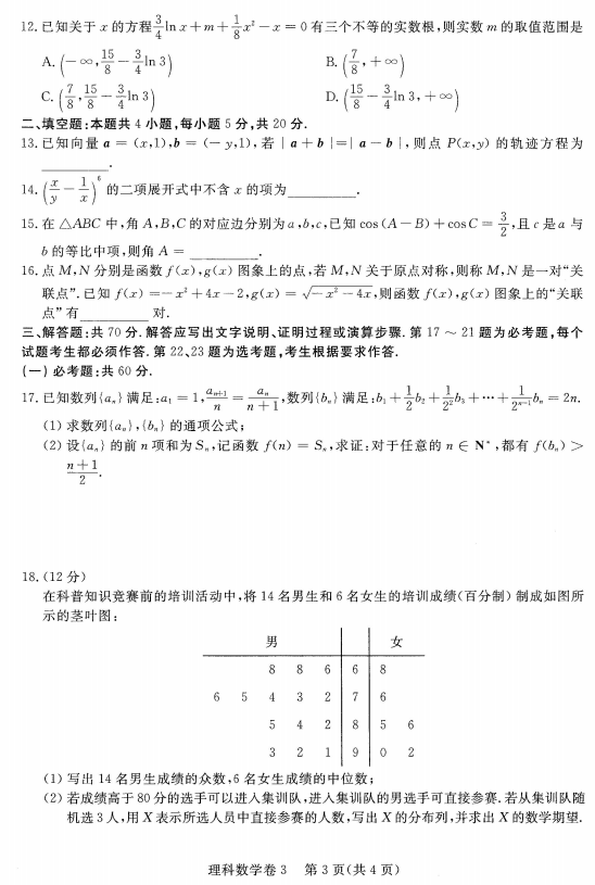 培训卷理数|2018届较新王后雄培训卷A3（III卷）理科数学试题分享！