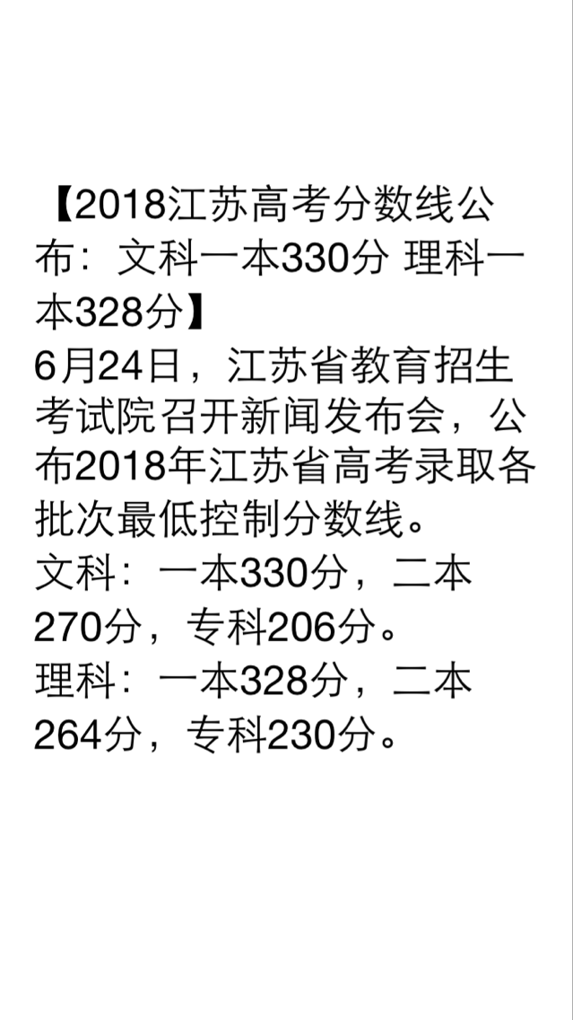网传江苏省2018高考分数线：文科一本330分理科一本328分