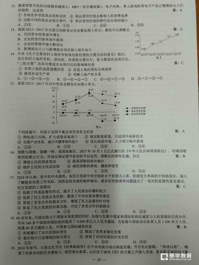 2018年高考全国三卷文综真题+答案解析