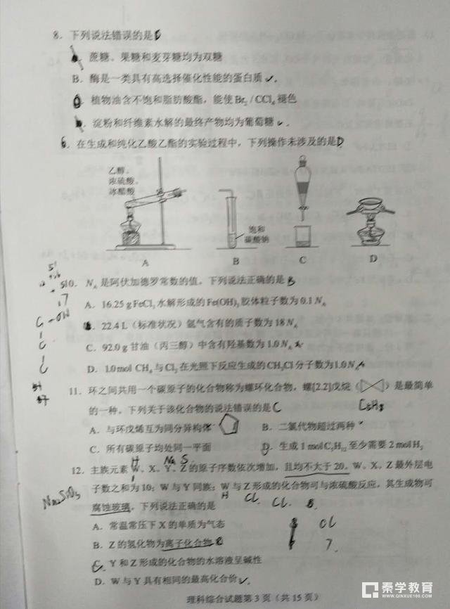 2018年全国1卷(湖南卷)理综(化学+物理+生物)真题及答案