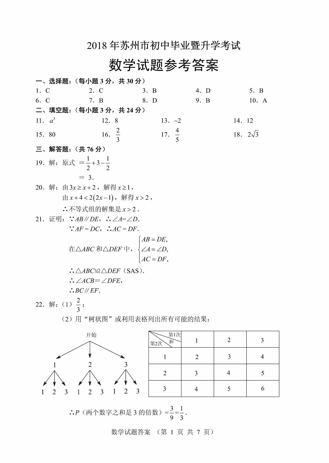 2018年苏州中考数学   2018年江苏省苏州中考数学真题及答案    