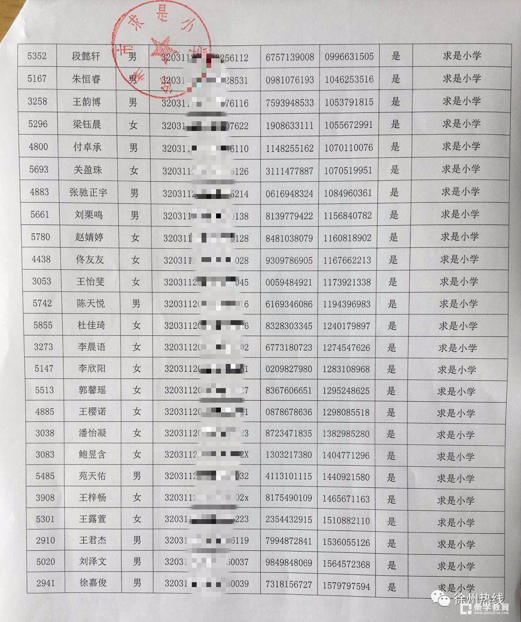 2018年徐州泉山区求是小学电脑派位录取名单公布