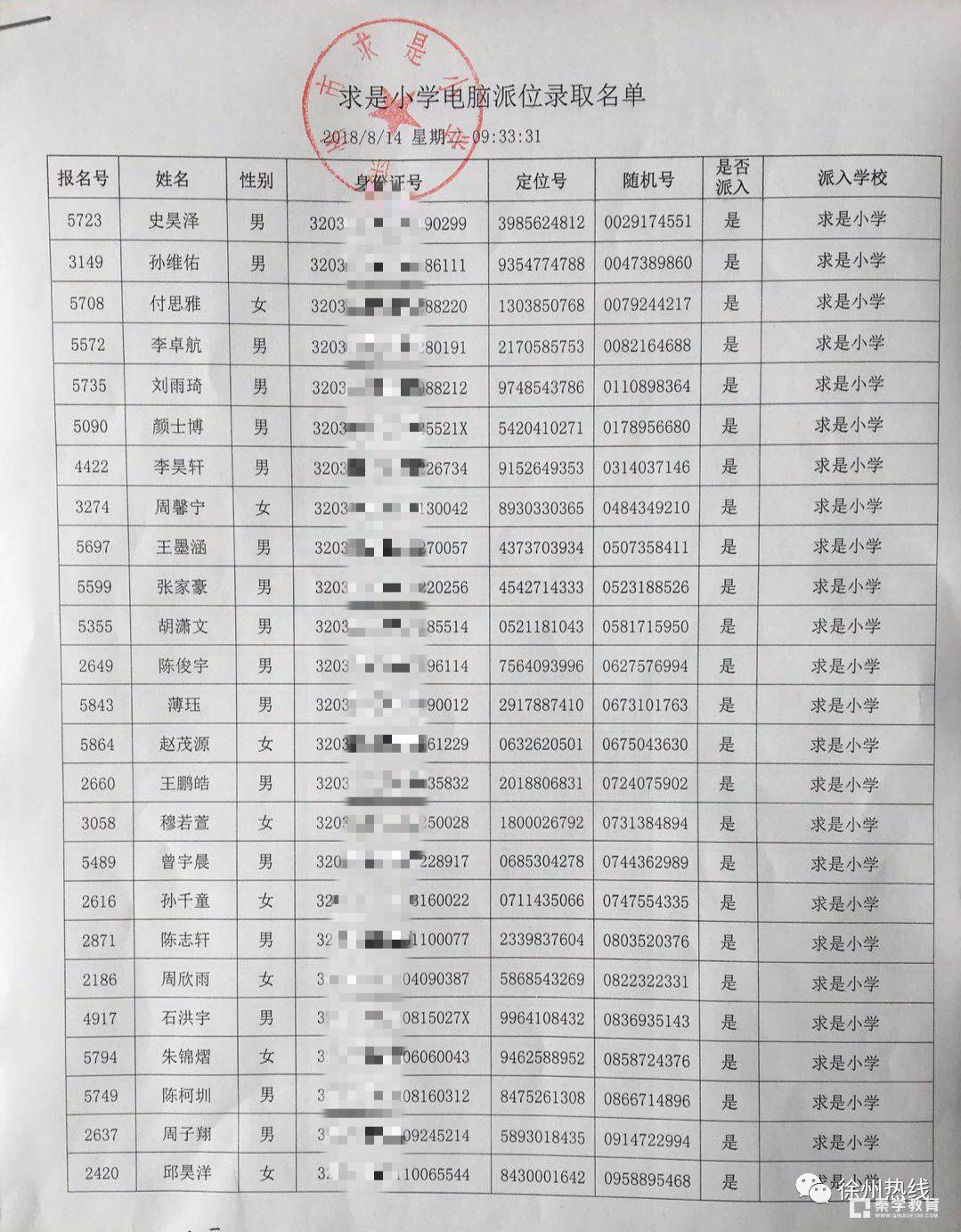 2018年徐州泉山区求是小学电脑派位录取名单公布