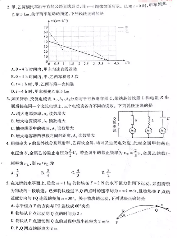 武汉市2018-2019学年度部分学校新高三起点调研测试物理试卷及答案