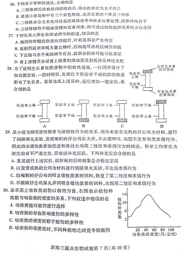 武汉市2018-2019学年度部分学校新高三起点调研测试生物试卷及答案