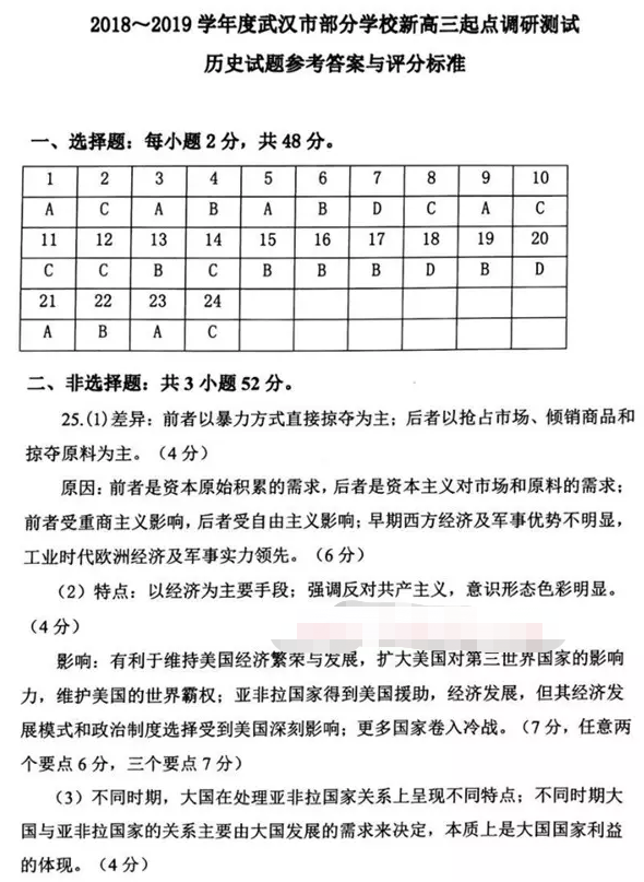 武汉市2018-2019学年度部分学校新高三起点调研测试历史试卷及答案