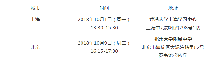 香港大学2019年本科生招生内地学校宣讲（讲座）时间安排