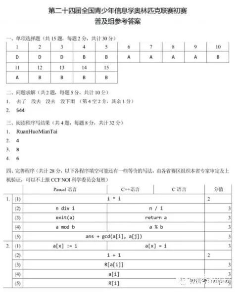 2018年青少年信息学奥林匹克联赛（NOIP）初赛普及组试题及答案