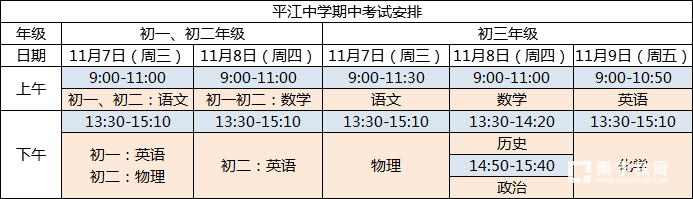 2018-2019学年第一学期江苏省苏州市各区初三期中考试时间安排