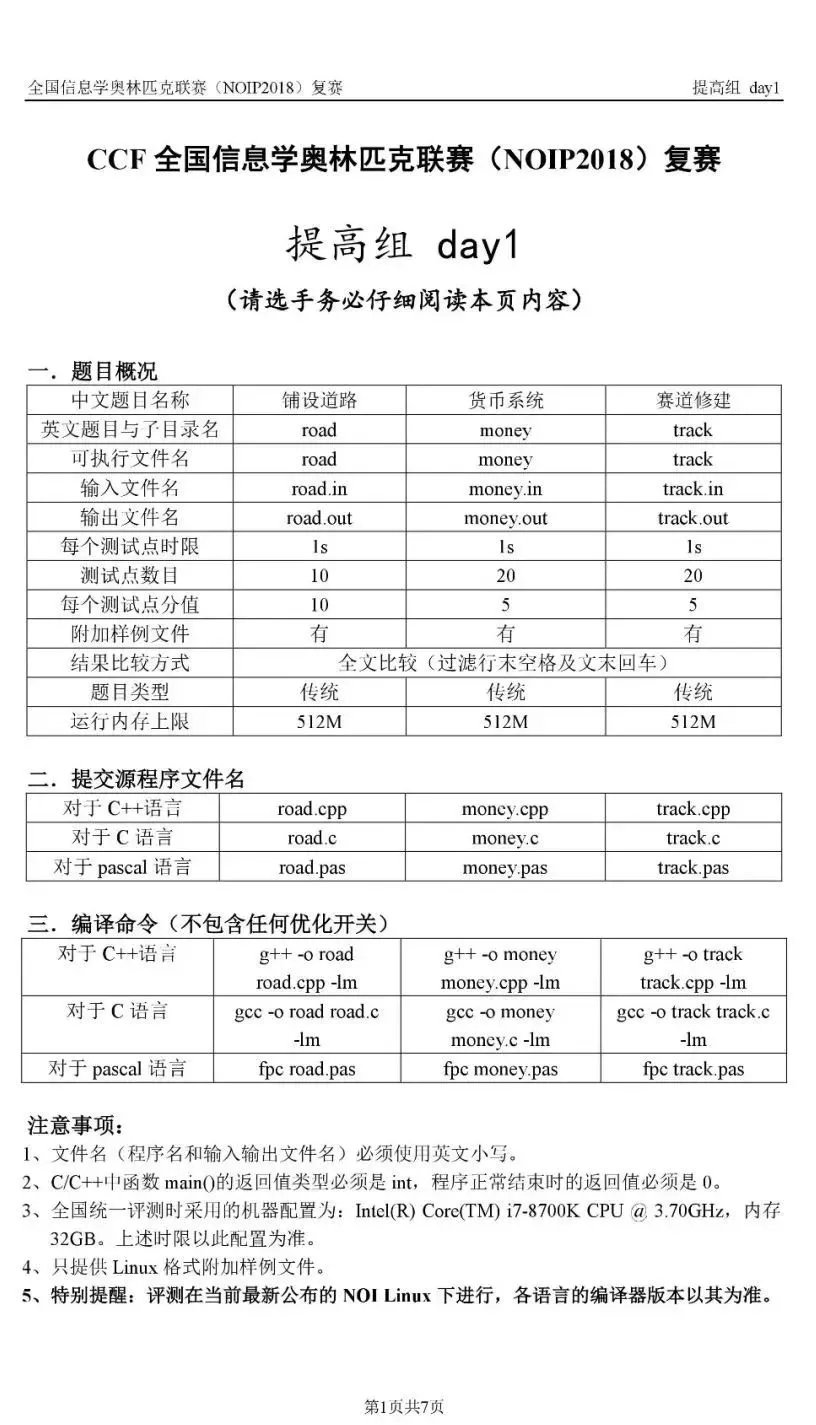 NOIP2018信息学复赛提高组day1真题
