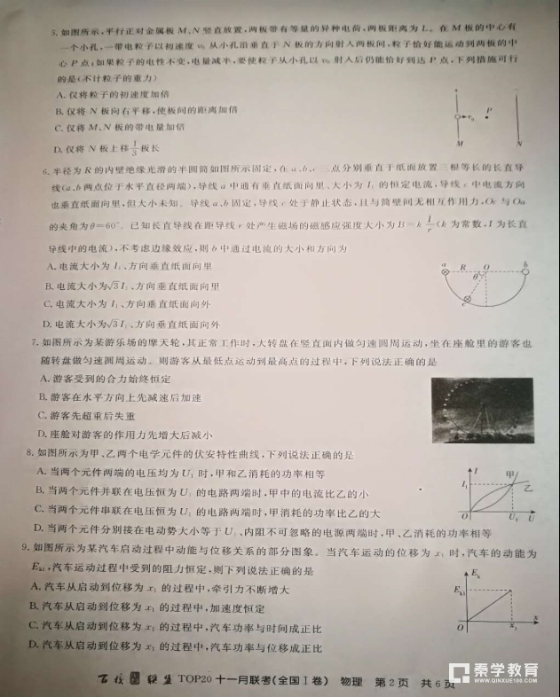 百校联盟2019届TOP20十一月联考(I卷)物理试题及答案整理！