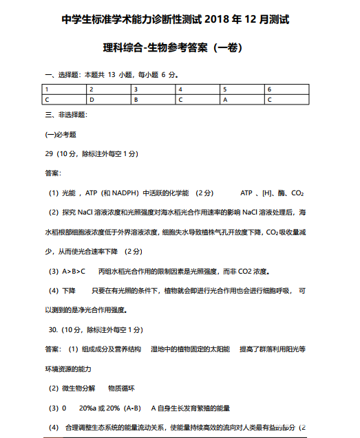 2018年12月中学生标准学术能力测试生物试题参考答案