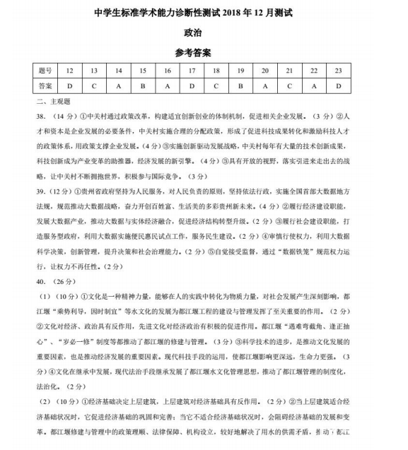 2018年12月高三中学生标准学术能力测试文综政治试题参考答案