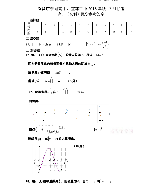  湖北省宜昌市(东湖高中、宜都二中)2019届高三12月联考数学(文)试题&参考答案