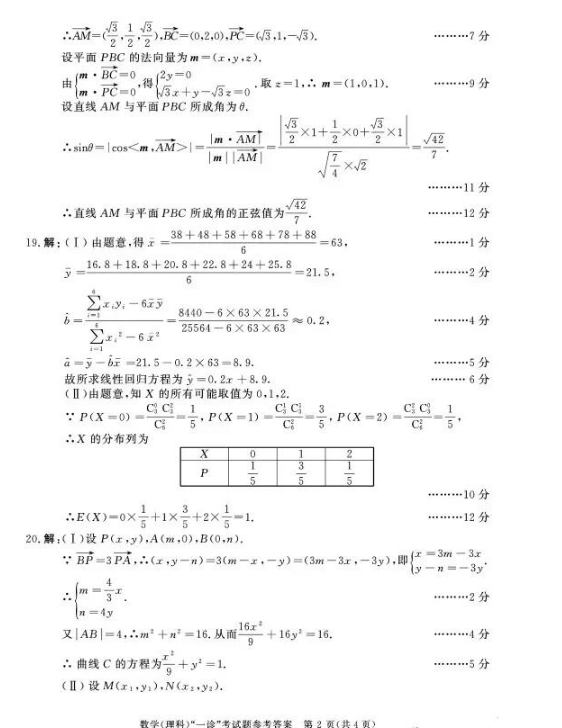  2019成都一诊理科数学答案