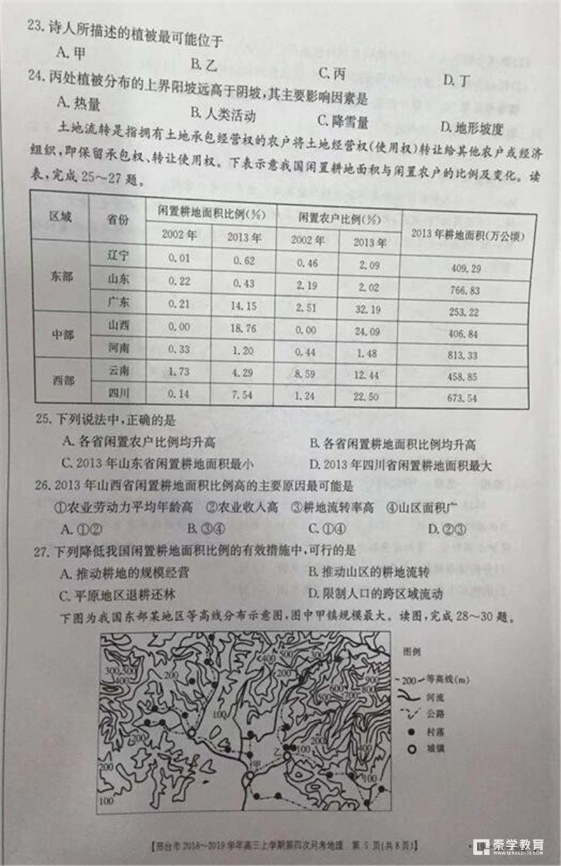 2019年河北邢台高三年级第四次月考地理试题及参考答案整理 