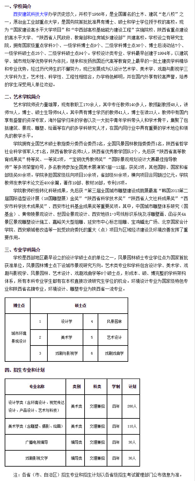 西安建筑科技大学2019年艺术类招生简章出炉,今年都招什么?