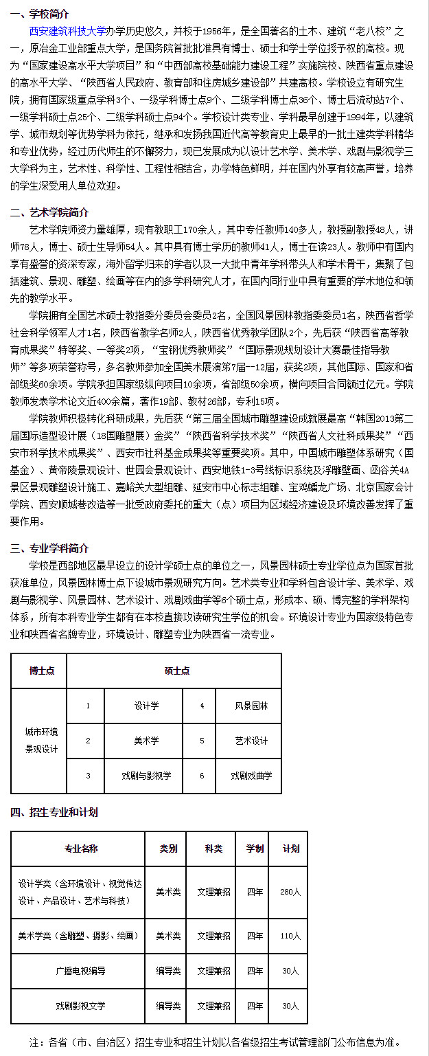 西安建筑科技大学2019年艺术类招生简章出炉,今年都招什么?