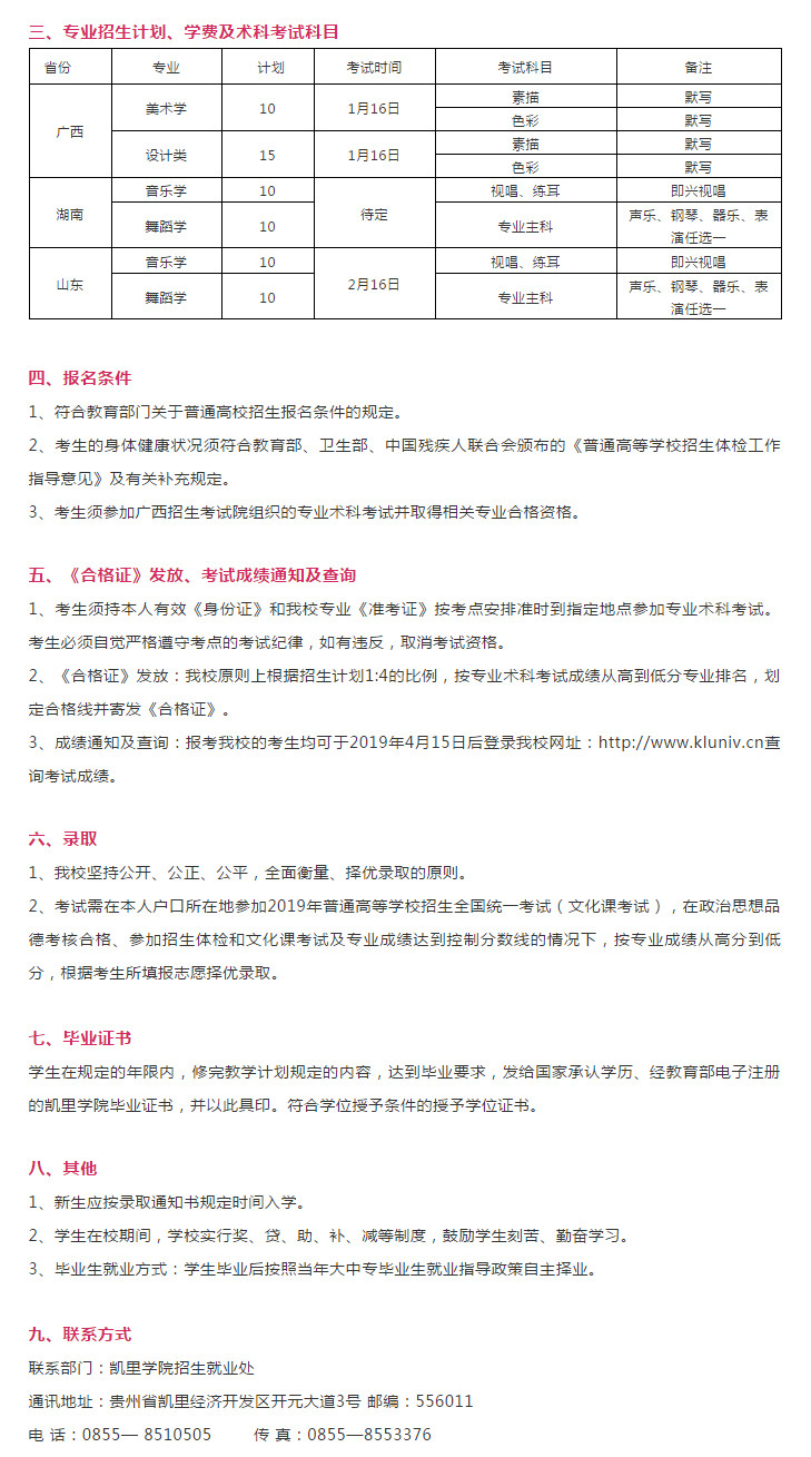 凯里学院2019年艺术类校考招生简章，今年招的人不多