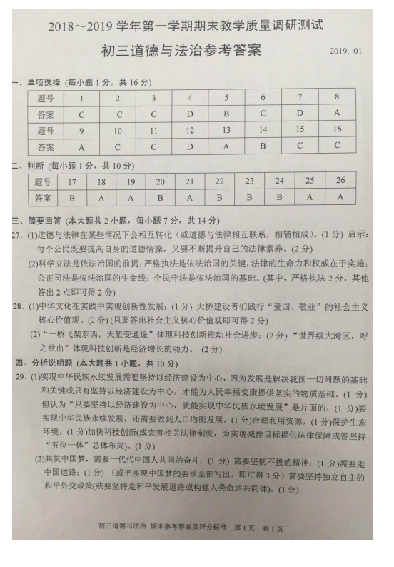 苏州市吴中、吴江、相城区2019年1月中考期末质量调研测试政治试卷及答案