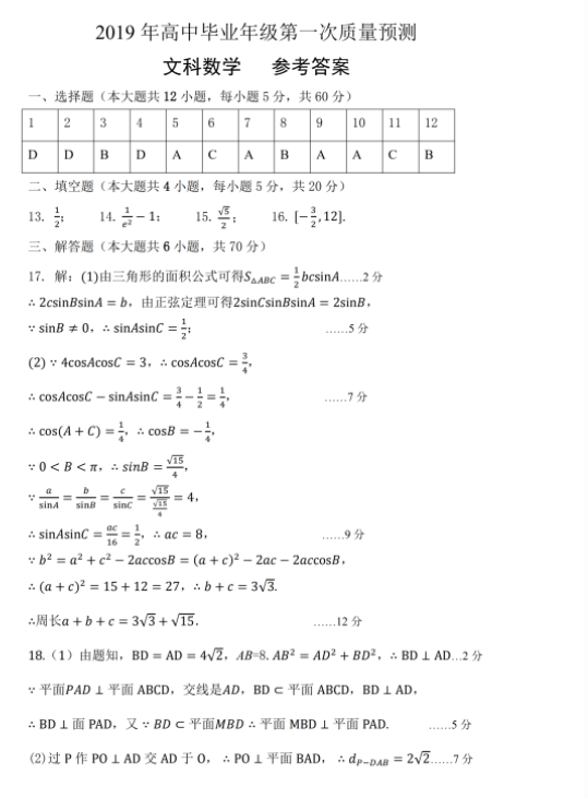陕西市2019届高三第一次质检（一模）文科数学答案！速速收藏！
