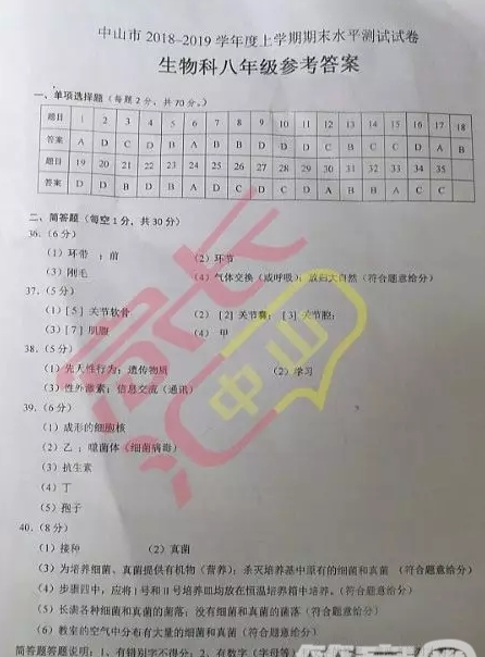 2018-2019学年度广东省中山市上学期期末水平测试试卷八年级生物答案，供参考！