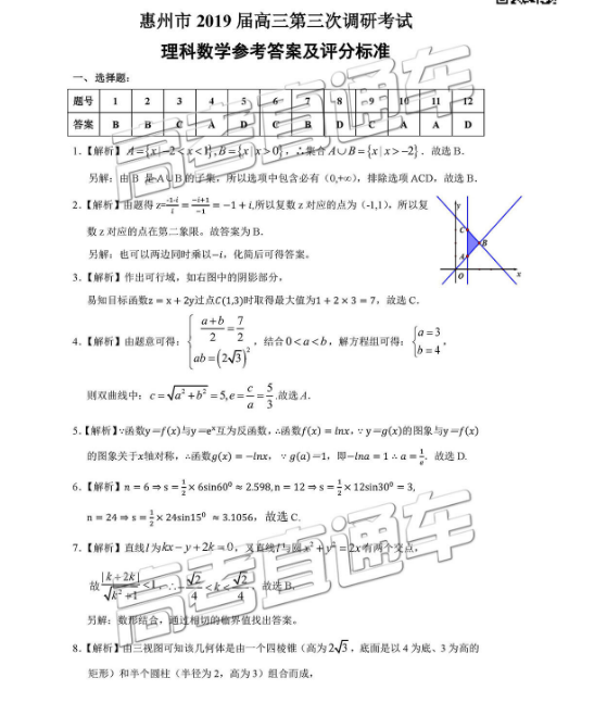 惠州市2019届高三第三次调研考试理科数学试题参考答案，供大家浏览参考！