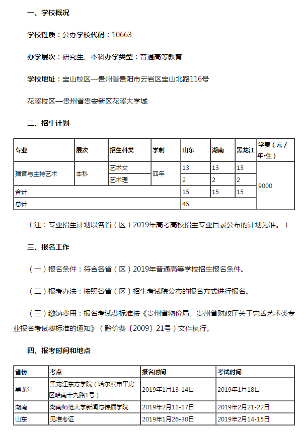 2019年贵州师范大学播音主持省外招生计划出炉，含考试科目及分值