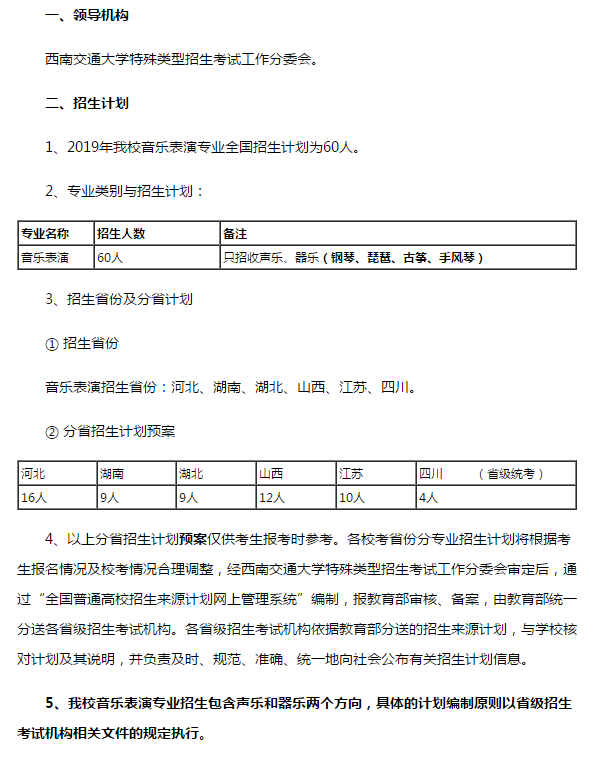 2019年西南交通大学美术+音乐表演招生简章，含具体招生省份