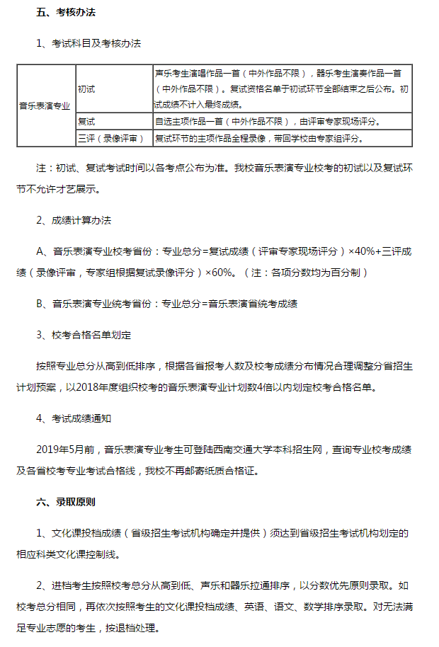 2019年西南交通大学美术+音乐表演招生简章，含具体招生省份