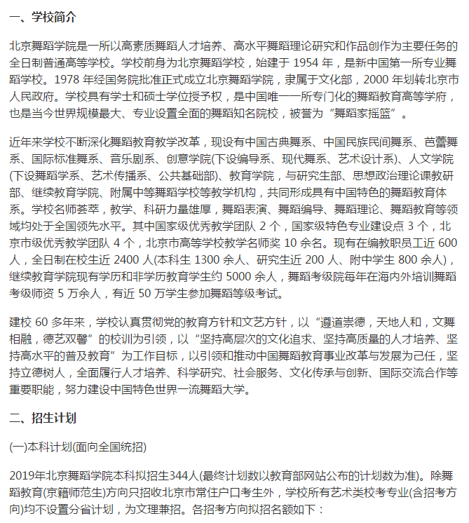 北京舞蹈学院针对2019届本科招生简章发布，拟招生人数为344人！