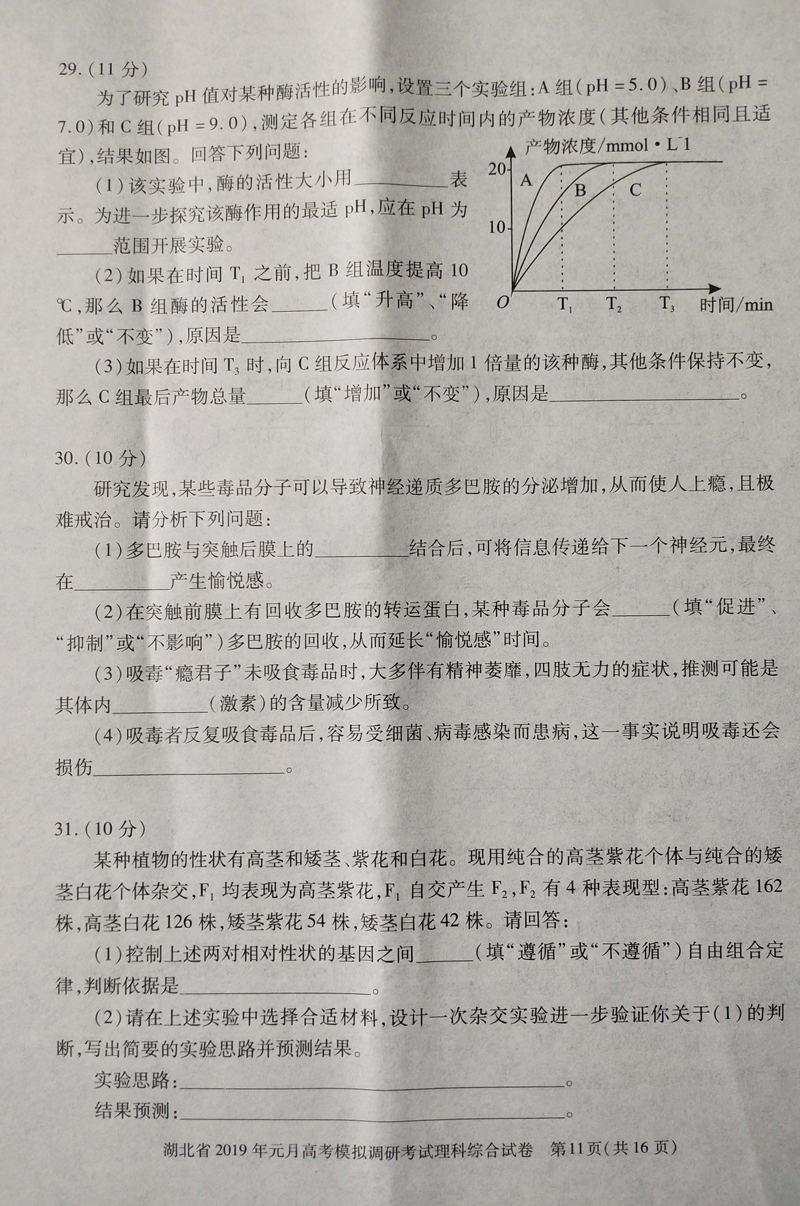 湖北省2019年1月高考模拟调研考试高三理科综合试卷及详细答案参考