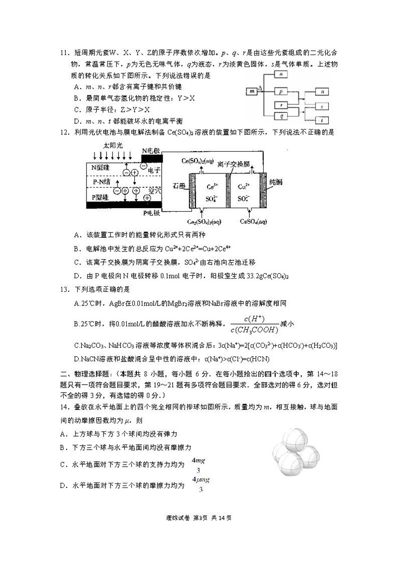 四川省成都市高新区2019届一诊模拟考试高三理综试卷及参考答案