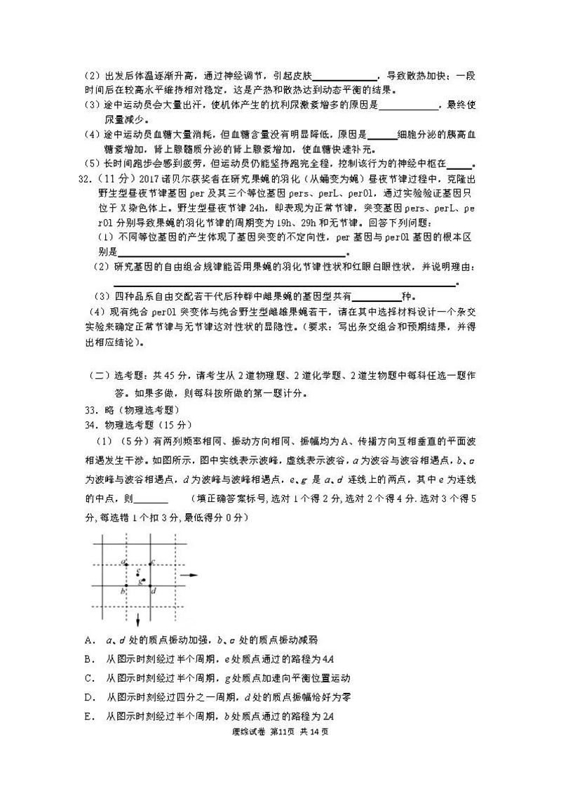 四川省成都市高新区2019届一诊模拟考试高三理综试卷及参考答案