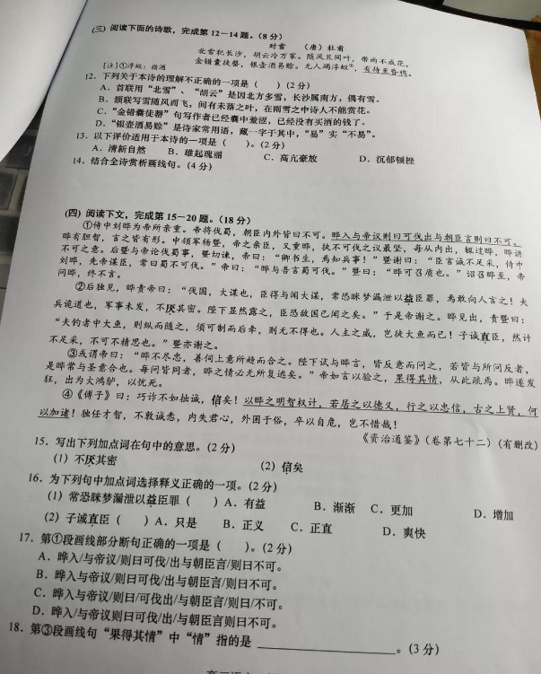 上海市松江区2018-2019学年第一学期期末质量检测高三语文试卷及答案