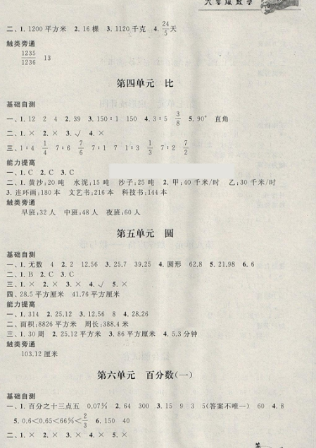 人教版：2019版寒假大串联六年级数学参考答案（人民教育教材适用）