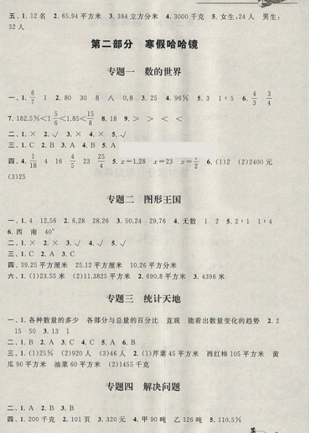 人教版：2019版寒假大串联六年级数学参考答案（人民教育教材适用）