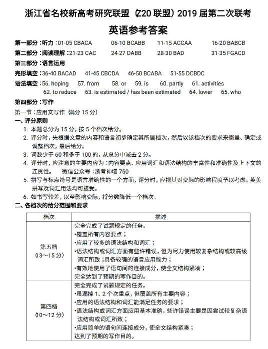 学校联盟：2019Z20联盟高三第二次联考英语试卷及答案分享！