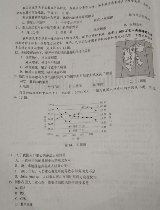 2019Z20联盟高三第二次联考地理试卷及答案