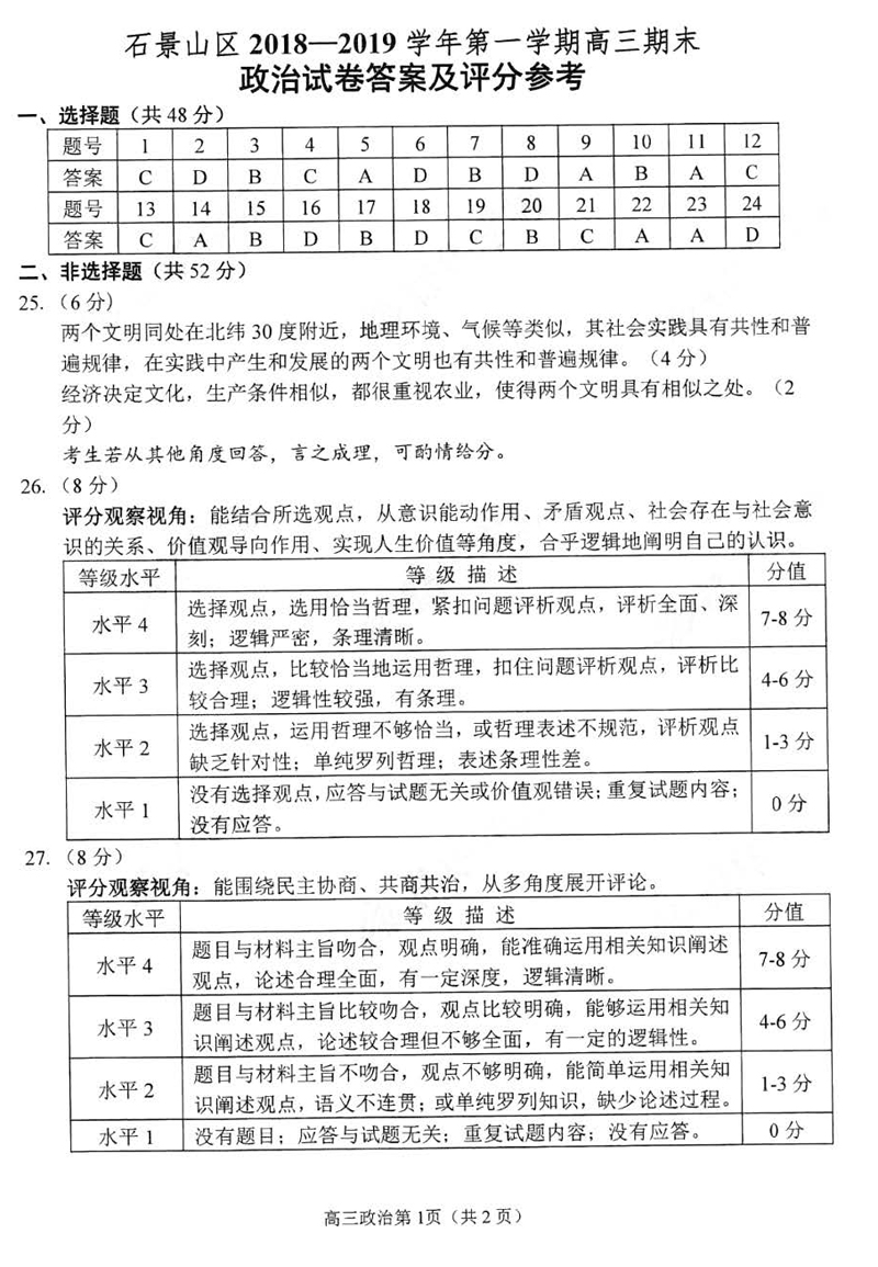 北京市石景山区2019届第一学期期末考试高三历史试卷及参考答案