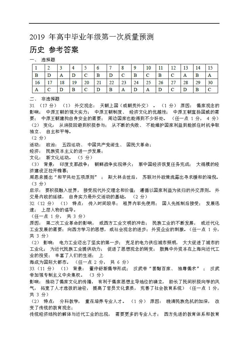 陕西省陕西市2019年高中第一次质量检测高三历史试卷及参考答案