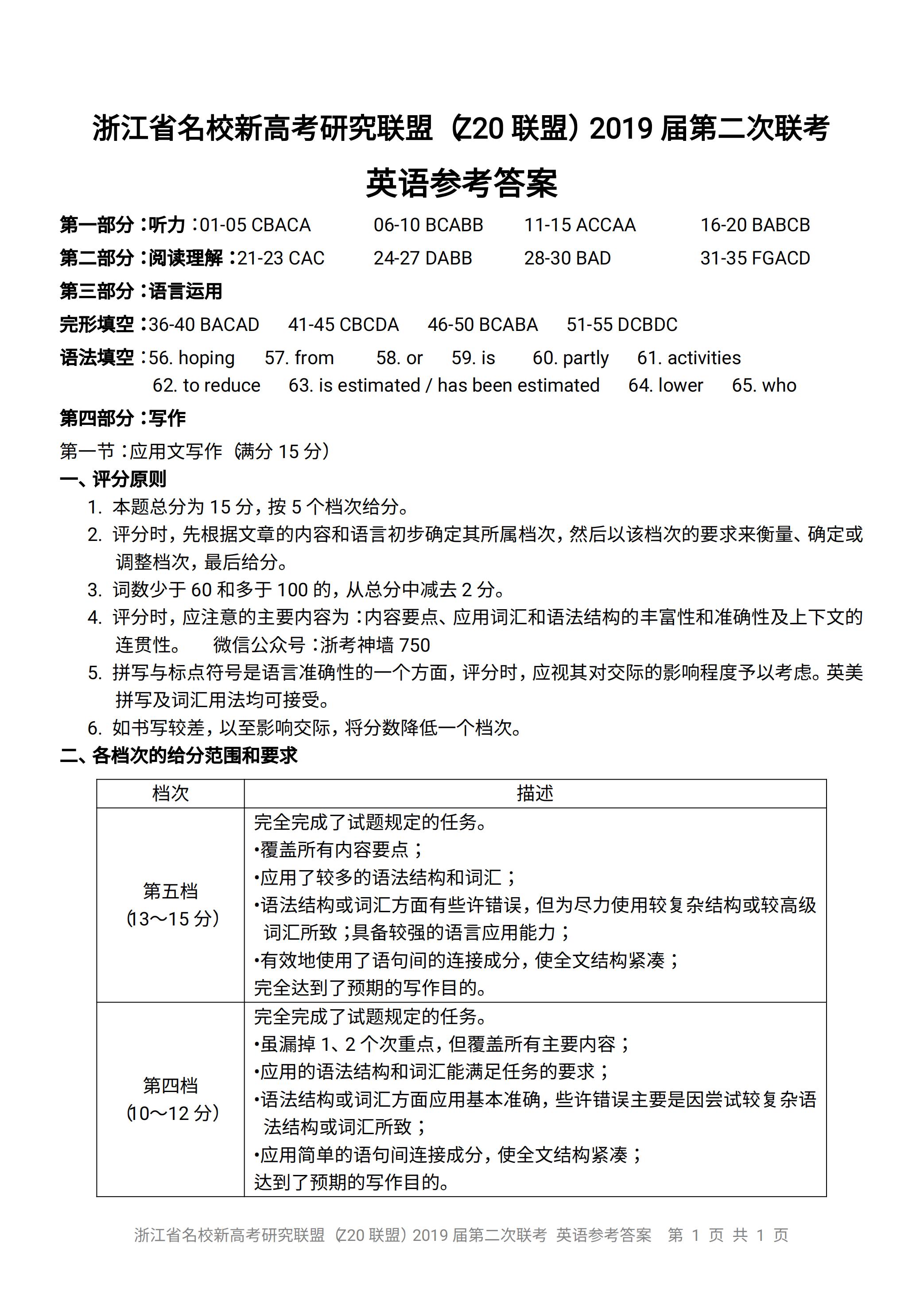 省学校联盟第二次联考2019届高三英语试卷及答案