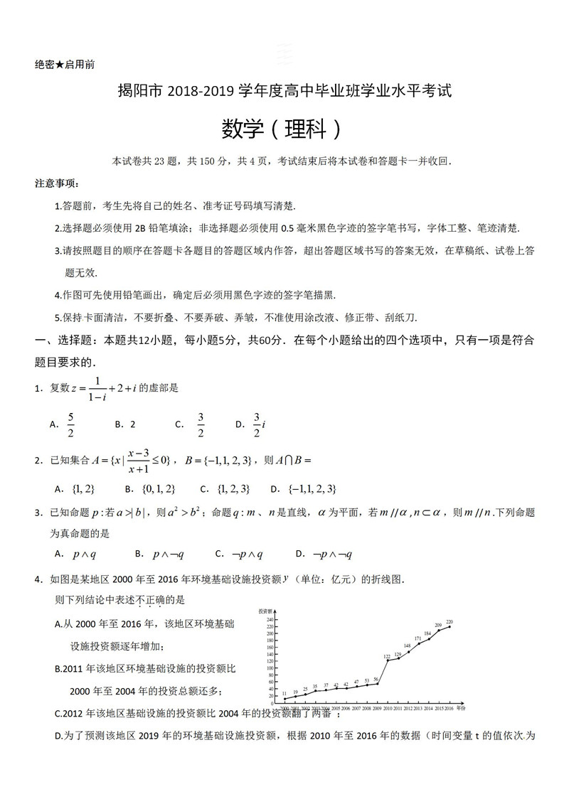 广东省揭阳市2018-2019年学业水平测试高三理科数学试卷和参考答案