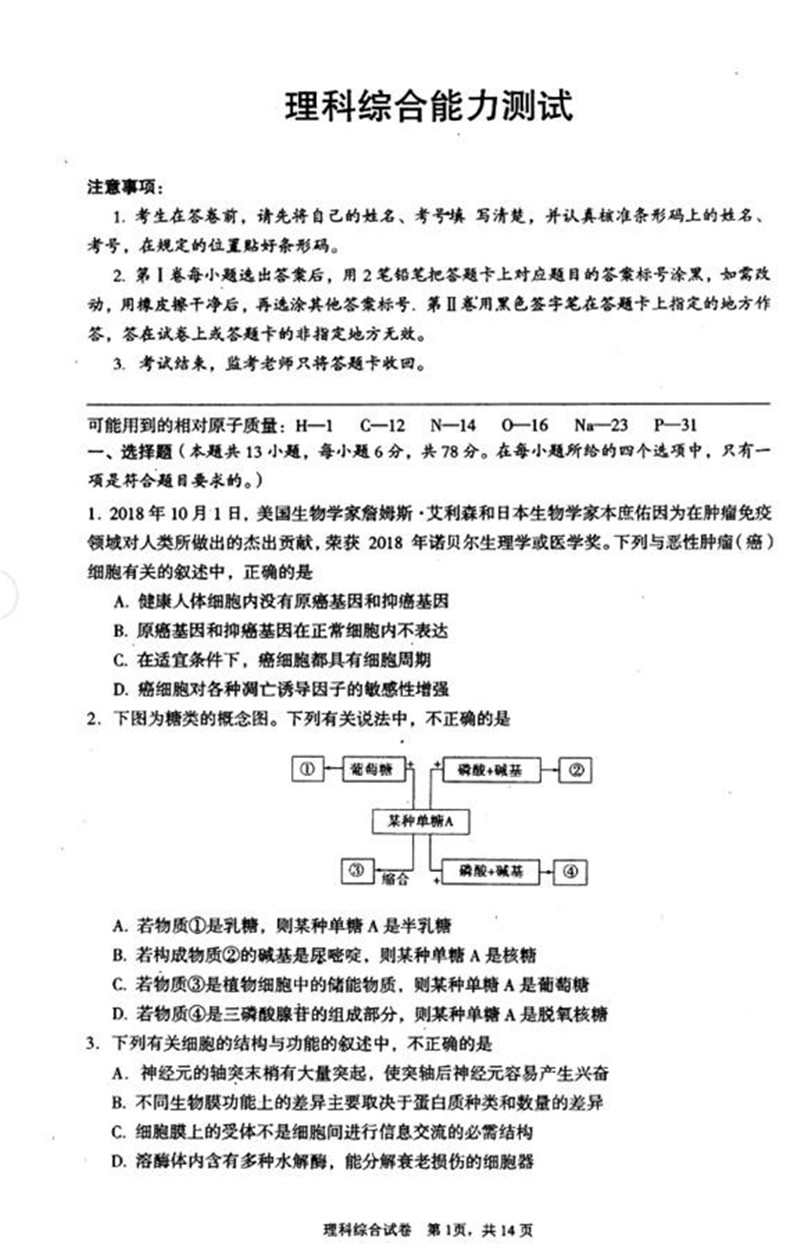 湖北省荆州市2019届期末质检考试高三理科综合测试试题分享