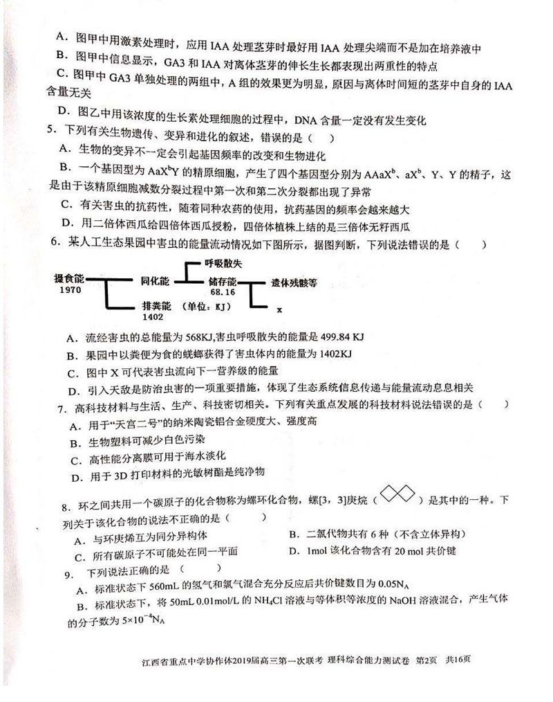 江西省2019年重点中学协作体高三第一次联考理科综合试卷试题分享