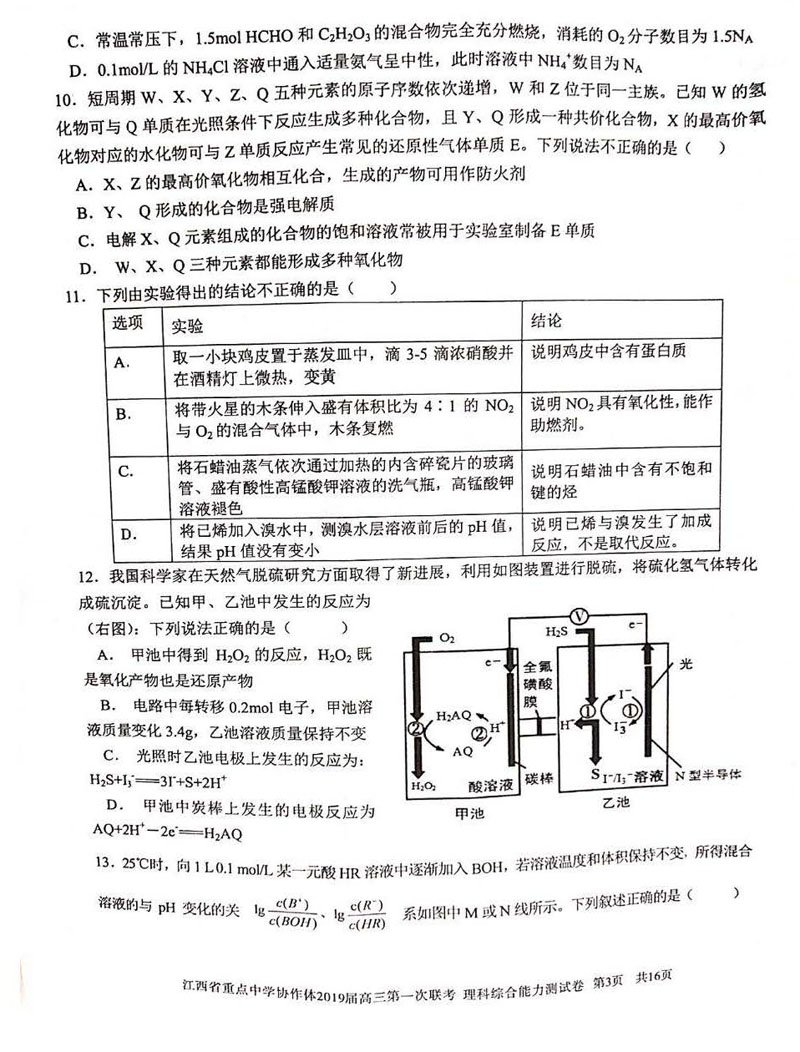 江西省2019年重点中学协作体高三第一次联考理科综合试卷试题分享