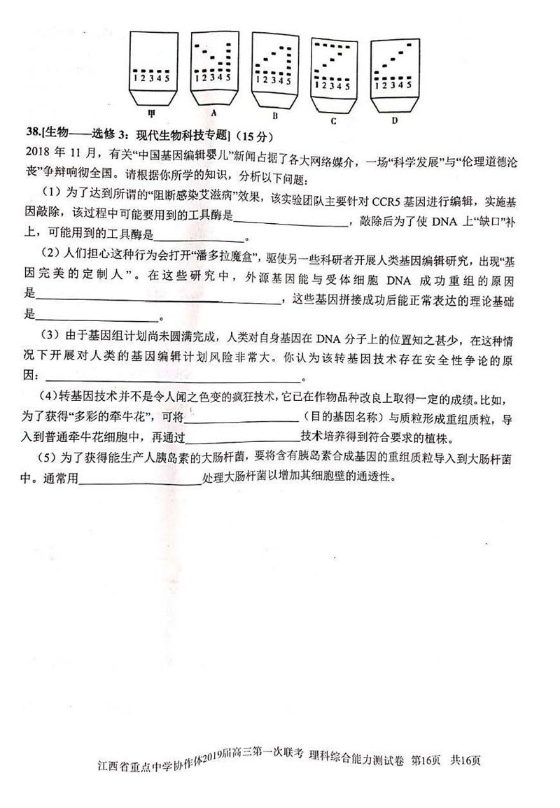 江西省2019年重点中学协作体高三第一次联考理科综合试卷试题分享