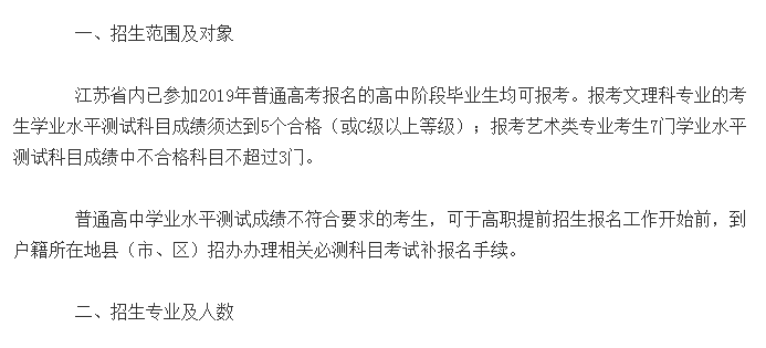 徐州工业职业技术学院2019年高职招生简章，对考生学业水平测试成绩有要求