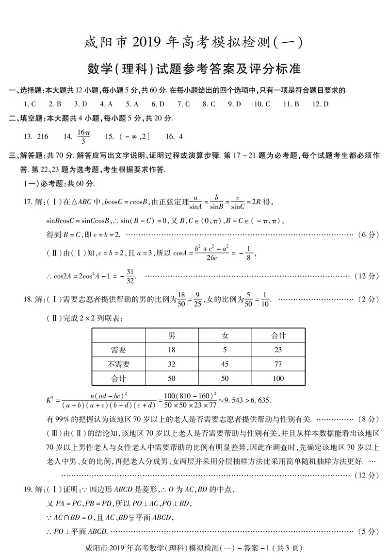 咸阳一模，2019年高三毕业班第一次模拟考试数学（理科）试卷及答案