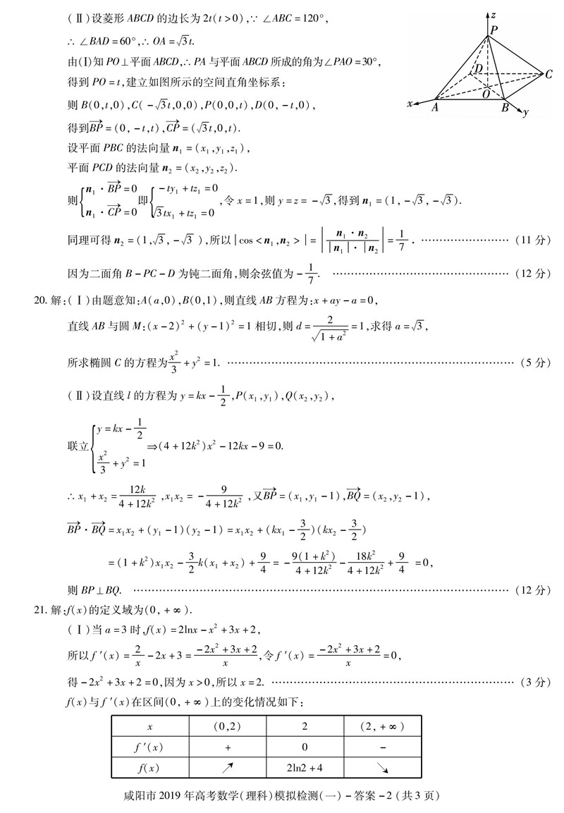 咸阳一模，2019年高三毕业班第一次模拟考试数学（理科）试卷及答案